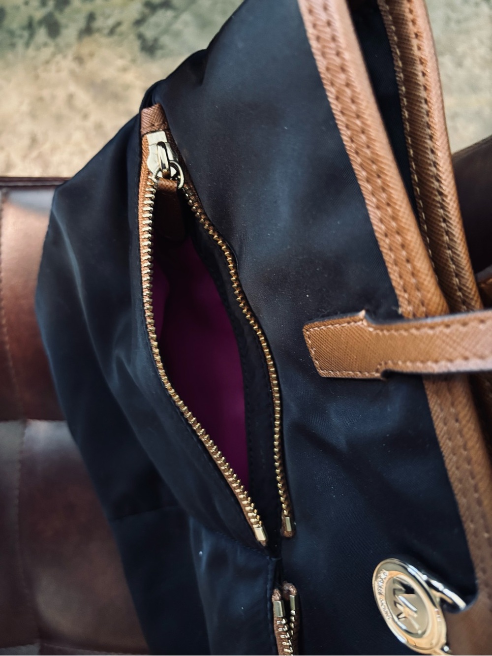 Michael Kors Black Nylon Tote with Tan Trim and Gold Hardware - Picture 2 of 7